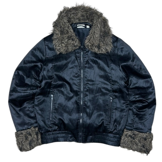 Satin style Black Bomber style Jacket With Fuzz On sleeves And Neck