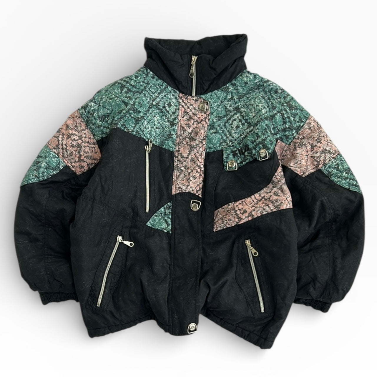 FILA Retro 90s Abstract Print Ski Adjustable Jacket With Hidden Hoosie