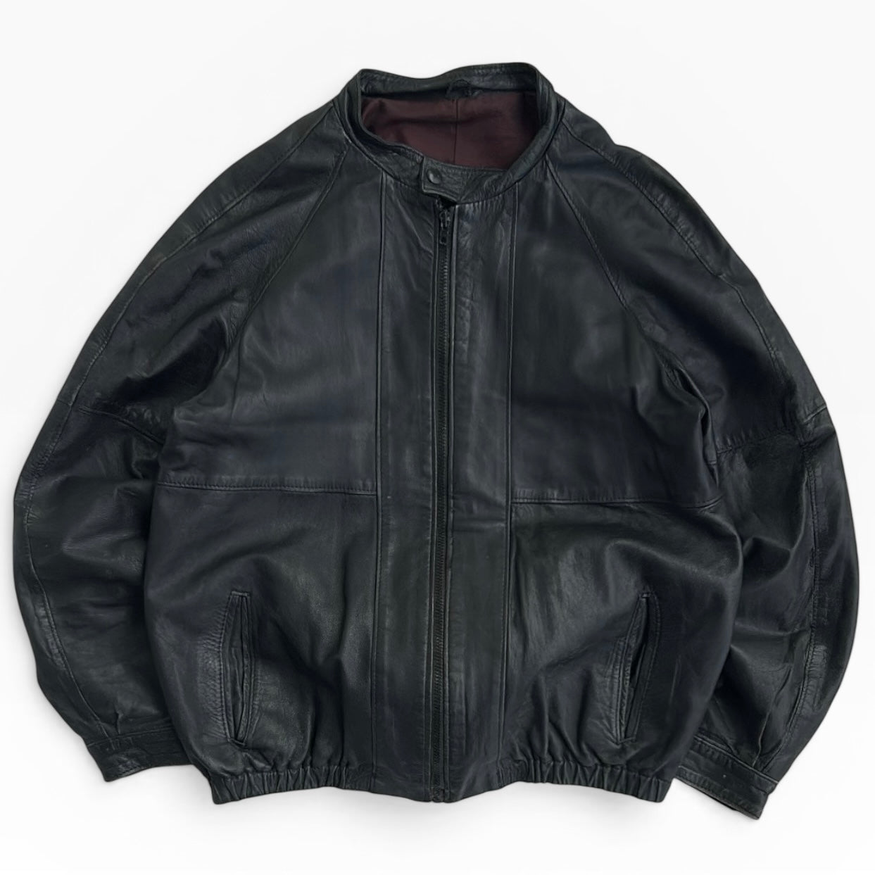 Black Leather Bomber Jacket with burgundy inside Linning