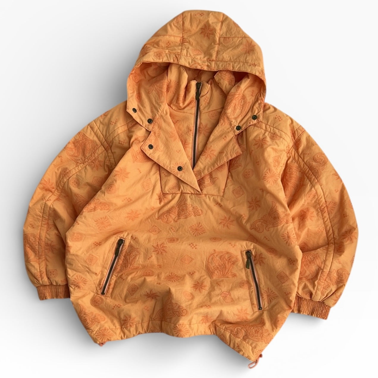 Peach Hooded adjustable Ski Jacket with Embroidered Patterns