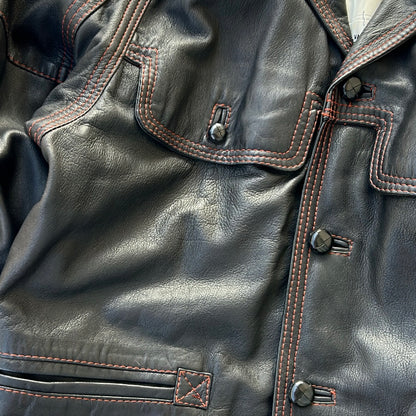 Vintage Black Leather Jacket With Red Lining and Globe Pattern Inside Lining Fabric