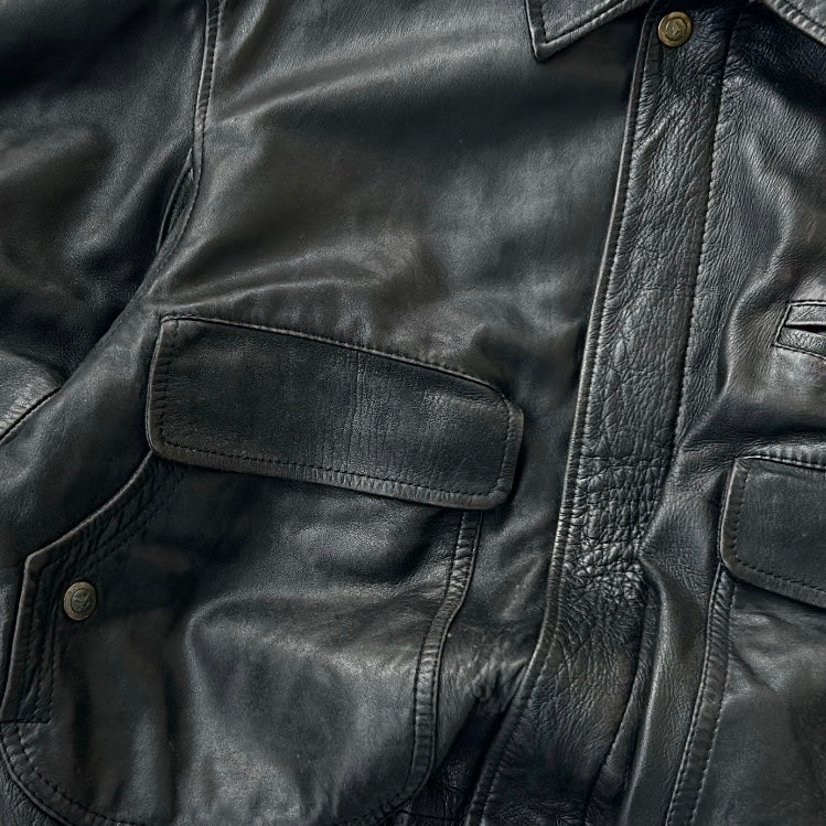 Vintage Black Bomber Leather Jacket With Fromt Pockets