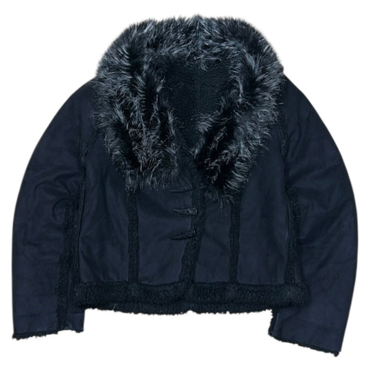 Black Sherpa Style Cropped Jacket With Black Fuzz on Inside and Fur Around Neck Line
