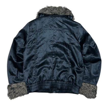 Satin style Black Bomber style Jacket With Fuzz On sleeves And Neck