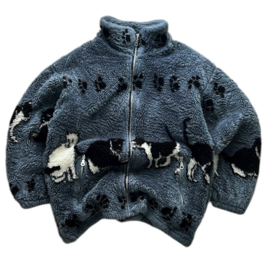 Dusty Blue Vintage Kitty Fuzzy Fleece Full Zip Jacket
