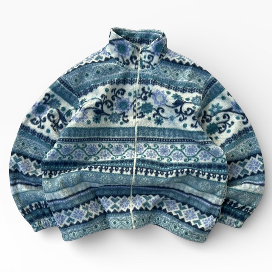 Vintage Blue x White Patterned Full Zip Fleece Jacket