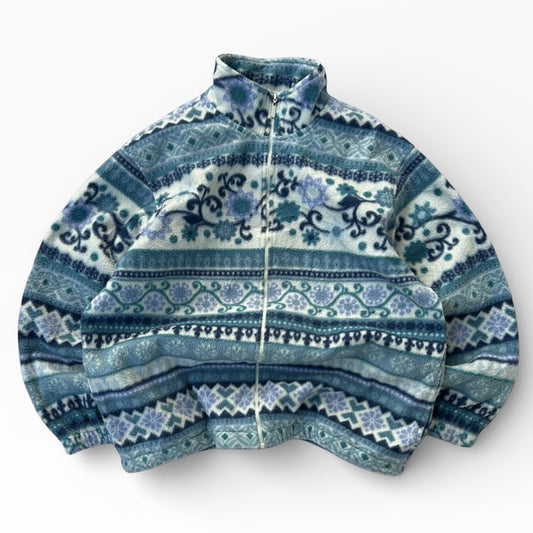 Vintage Blue x White Patterned Full Zip Fleece Jacket