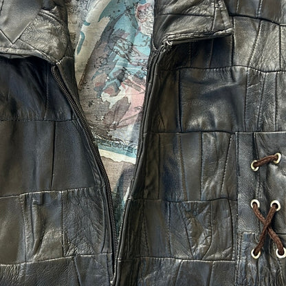 Vintage Black Patchwork Leather Bomber Jacket With Colourful Lining Fabric