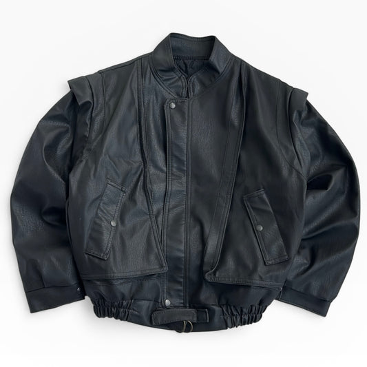 Black Leather Rock Style Vintage Sleeve detail Bomber Jacket