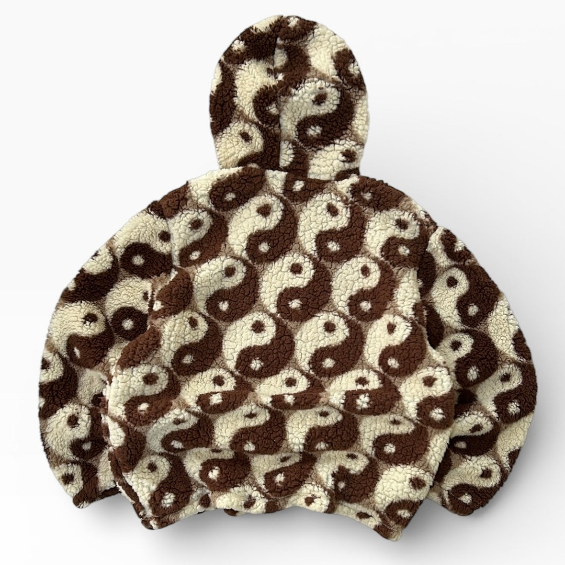 Vintage Fuzzy Yin and Yang Chocolate brown x Beige Hooded Fleece Jacket