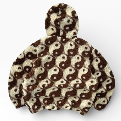 Vintage Fuzzy Yin and Yang Chocolate brown x Beige Hooded Fleece Jacket