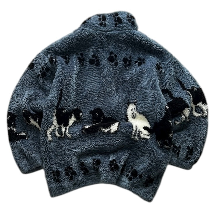 Dusty Blue Vintage Kitty Fuzzy Fleece Full Zip Jacket