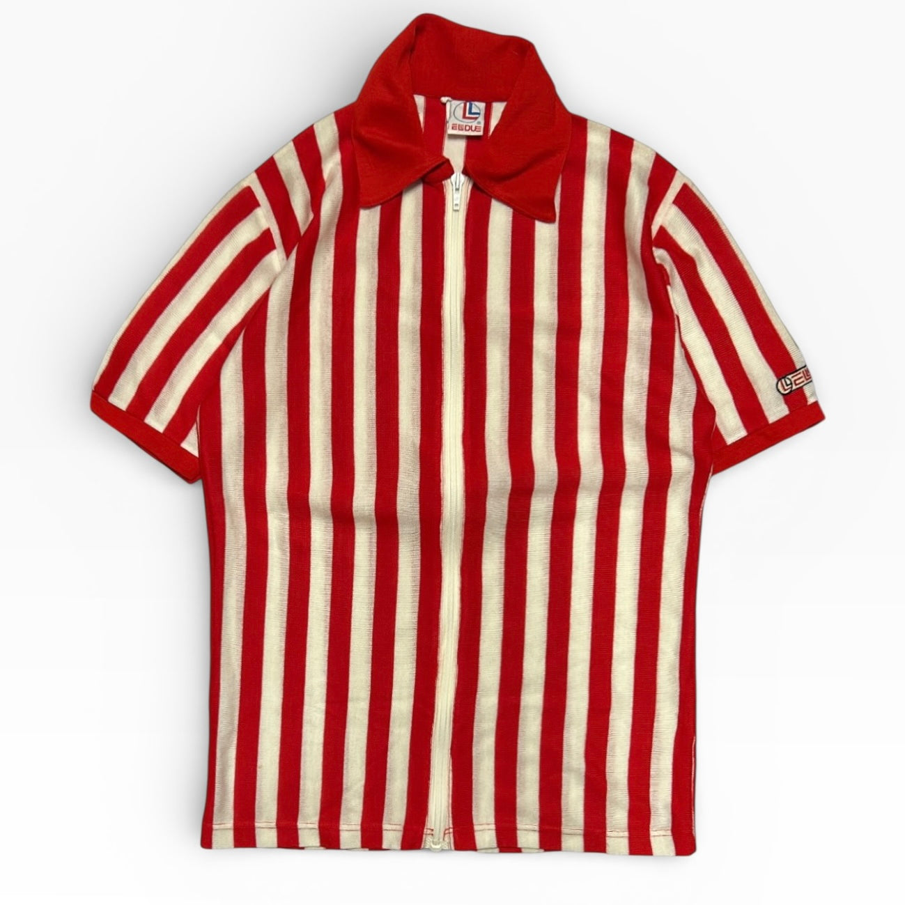 Red x white stripped red collar full zip short sleeve top