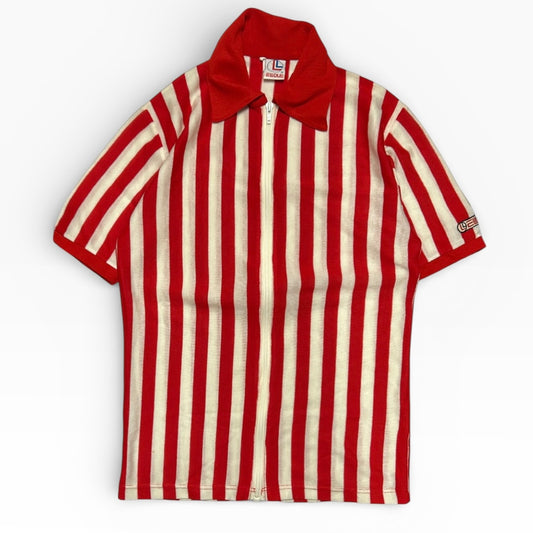 Red x white stripped red collar full zip short sleeve top