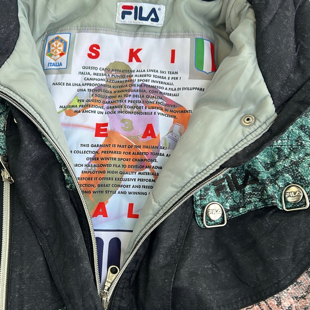 FILA Retro 90s Abstract Print Ski Adjustable Jacket With Hidden Hoosie
