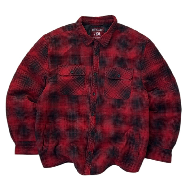 Red  Fleece Checkers Full Button Up Flannel Overshirt with quilted lining