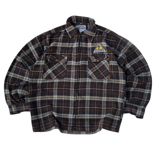 Vintage TAKE OFF Flannel Shirt Jacket – Brown Plaid with Snowboard Patch