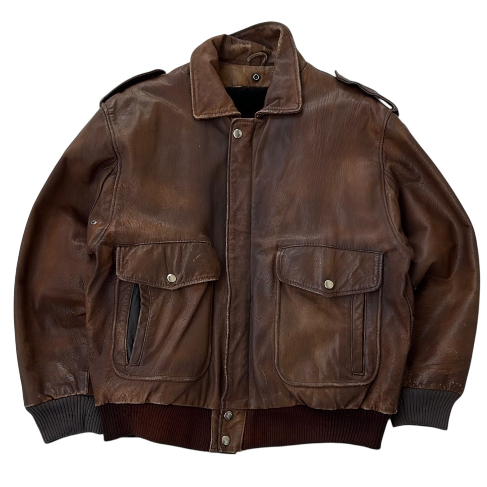 Vintage Brown Leather Bomber Jacket With Chocolate Brown Fuzzy Inside