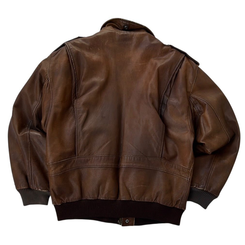 Vintage Brown Leather Bomber Jacket With Chocolate Brown Fuzzy Inside