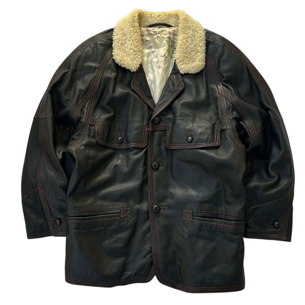 Vintage Black Leather Jacket With Red Lining and Globe Pattern Inside Lining Fabric