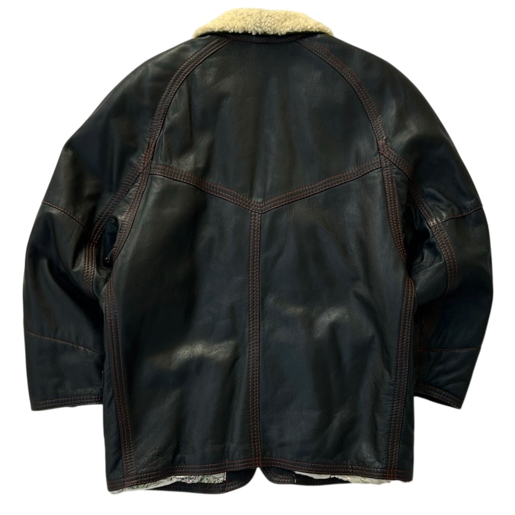 Vintage Black Leather Jacket With Red Lining and Globe Pattern Inside Lining Fabric