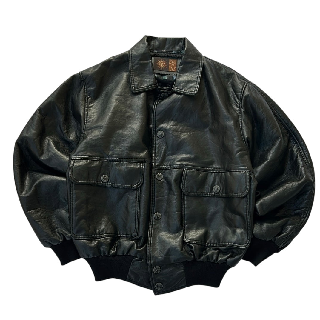Black Faw Leather Bomber Made In Italy Jacket