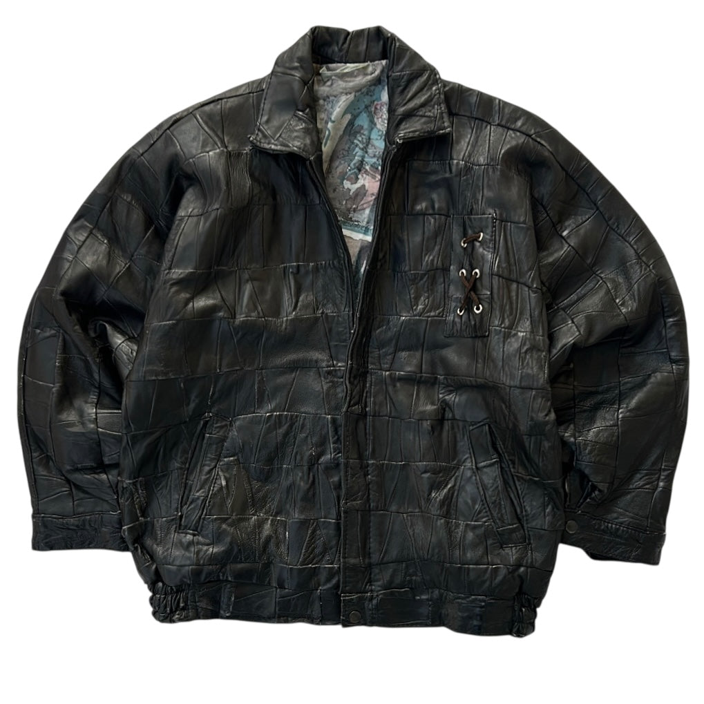Vintage Black Patchwork Leather Bomber Jacket With Colourful Lining Fabric