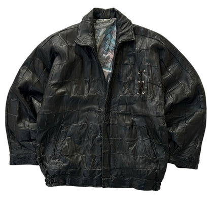 Vintage Black Patchwork Leather Bomber Jacket With Colourful Lining Fabric