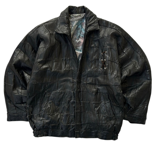 Vintage Black Patchwork Leather Bomber Jacket With Colourful Lining Fabric