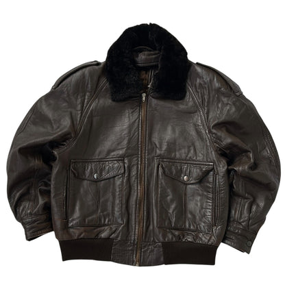 Chocolate Brown Leather Bomber Jacket With Brown Fuzzy Neck Lining (removable)