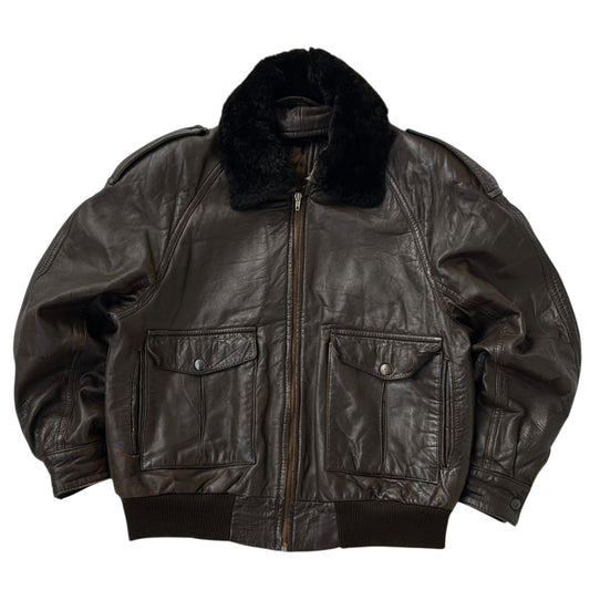 Chocolate Brown Leather Bomber Jacket With Brown Fuzzy Neck Lining (removable)
