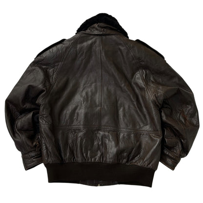 Chocolate Brown Leather Bomber Jacket With Brown Fuzzy Neck Lining (removable)