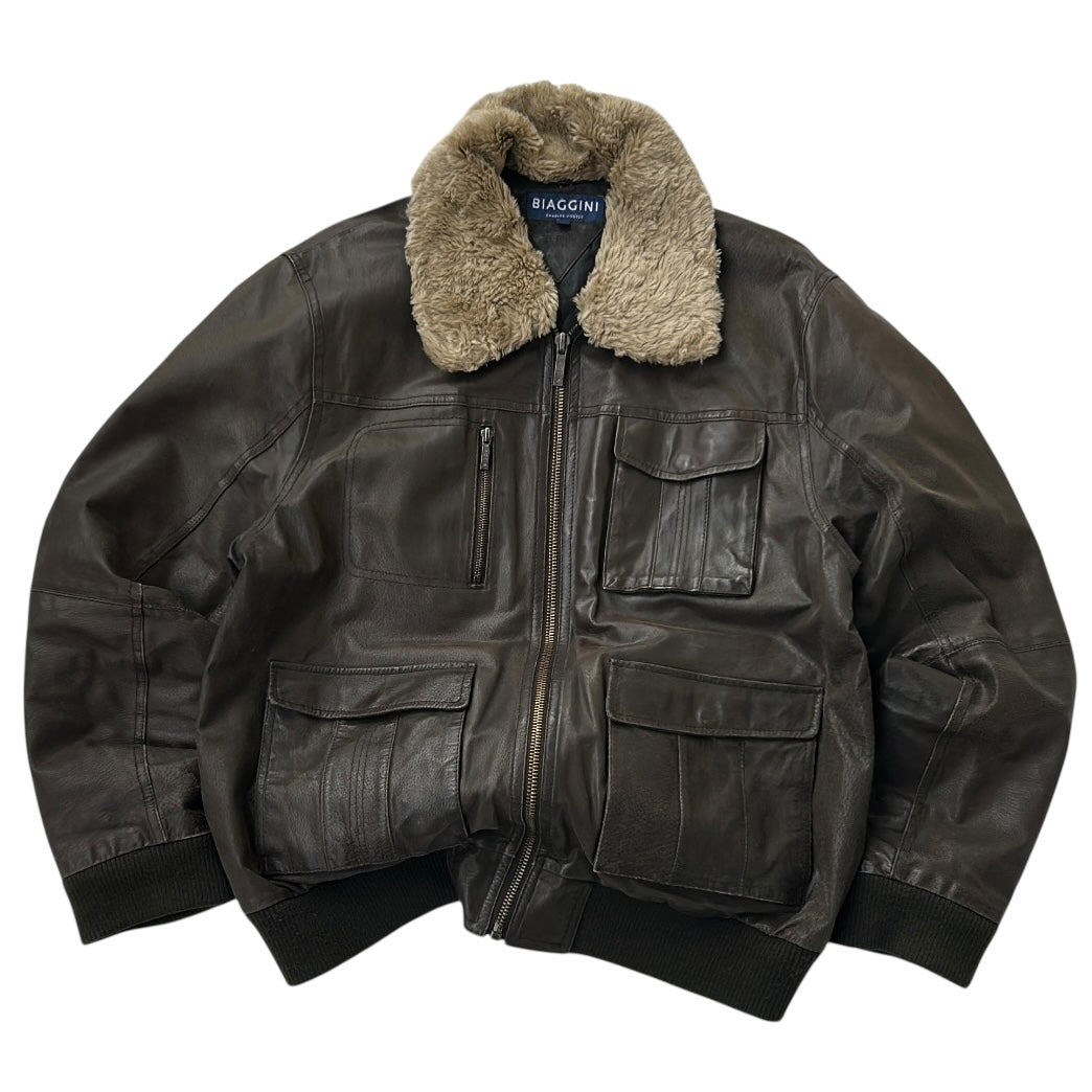 Bomber Aviator Biaggini Brown Leather Jacket With Shearling fuzzy Neck Line