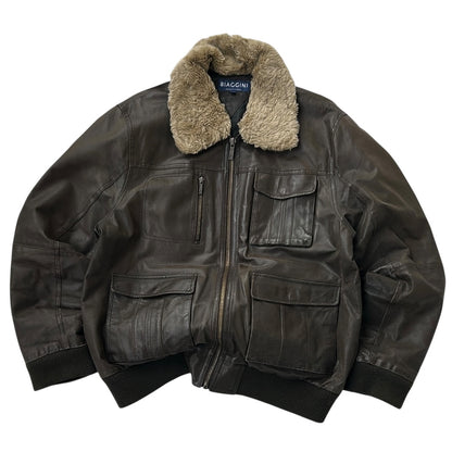Bomber Aviator Biaggini Brown Leather Jacket With Shearling fuzzy Neck Line