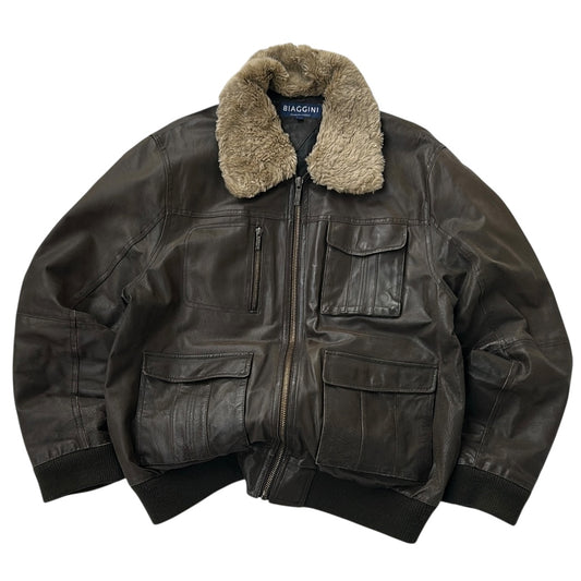 Bomber Aviator Biaggini Brown Leather Jacket With Shearling fuzzy Neck Line