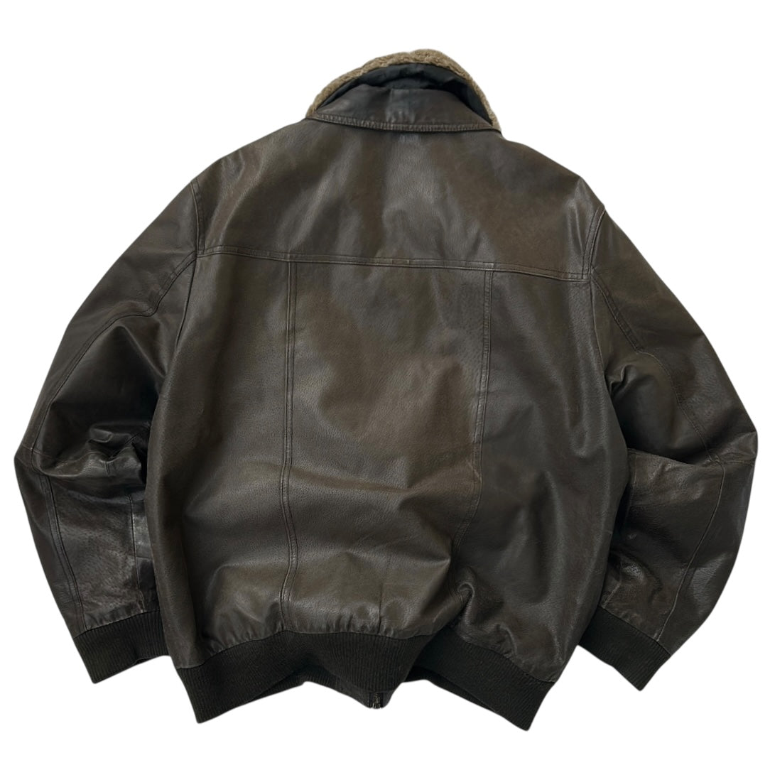 Bomber Aviator Biaggini Brown Leather Jacket With Shearling fuzzy Neck Line