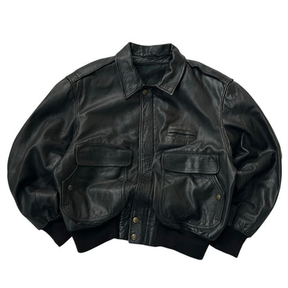 Vintage Black Bomber Leather Jacket With Fromt Pockets