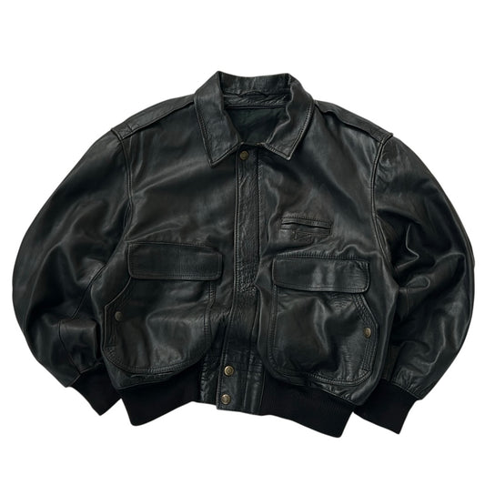 Vintage Black Bomber Leather Jacket With Fromt Pockets