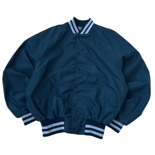 Vintage Dumbrooke Varsity Bomber Jacket navy blue, snap button, striped cuffs & collar